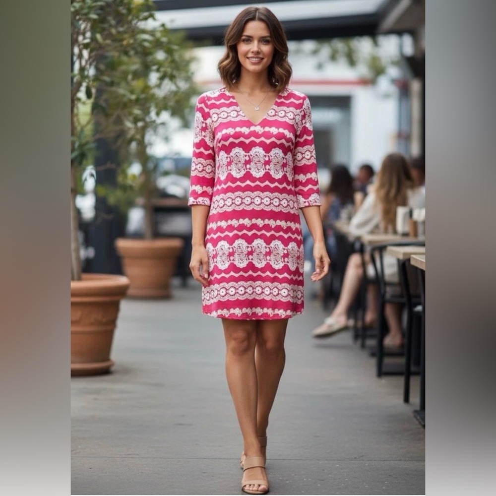 Dina Be Women’s Pink White Dress Floral Pattern 1/2 Sleeve Size Large